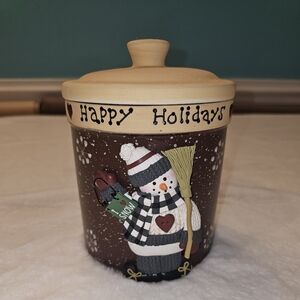 Vintage 3D Snowman Happy Holidays Cookie Jar - Brown and Cream